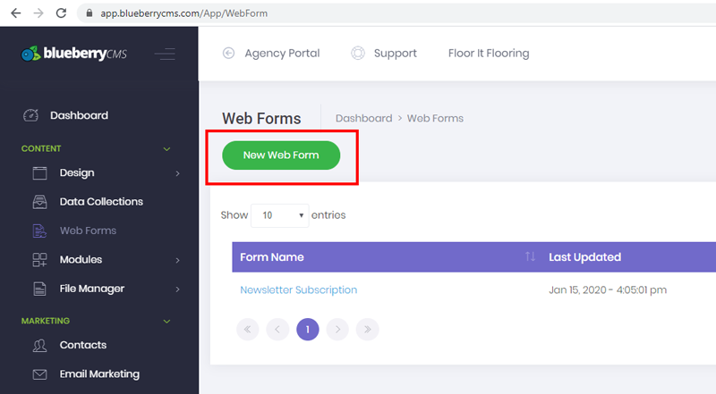 New Web Form button screenshot