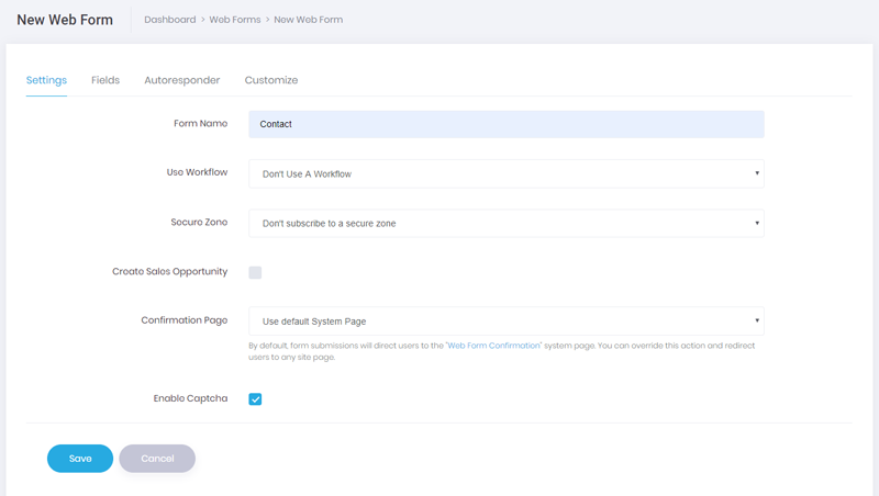 Web form settings tab screenshot