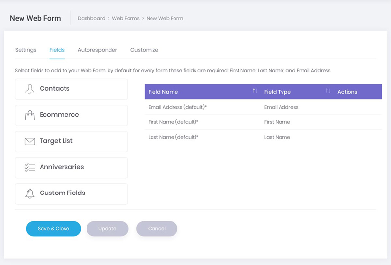 Web Forms Fields tab screenshot