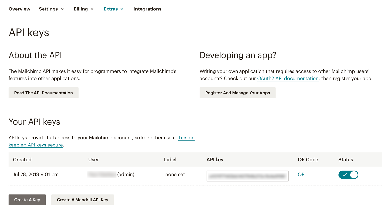 MailChimp API Keys screenshot